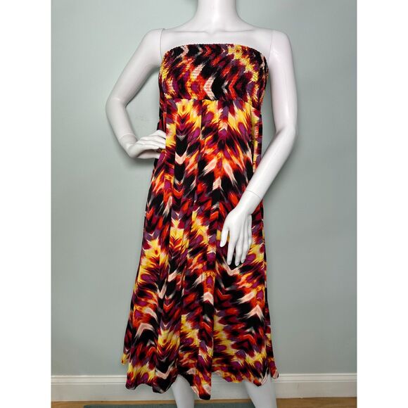 Y2K Strapless Smocked Boho Midi Dress Abstract Flame Print Festival Dress size S - Picture 1 of 4